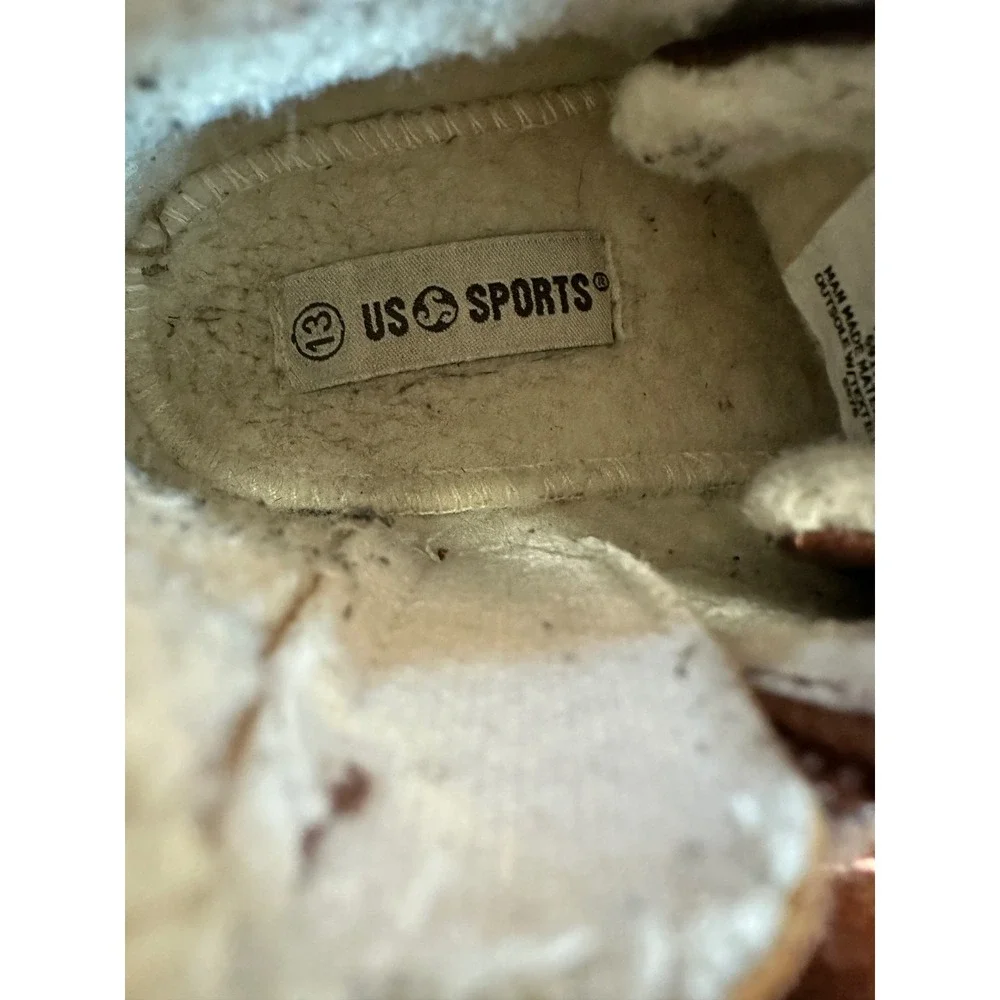 US Sports Kids Brown High Top Sneakers Faux Fur‎ Lined Side Zip Boots Size 13